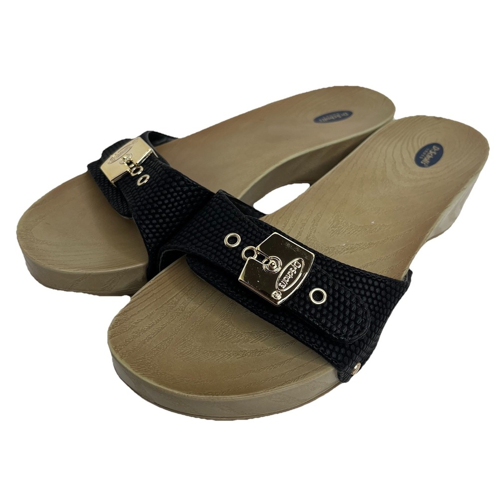 Dr Scholls Sandals Womens 6 M Classic Slides Black Faux Wood Casual Beach Cruise